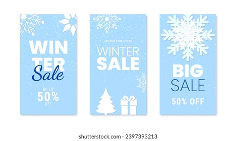 Winter sale social media story template. Creative winter banner for sales promotion. Poster, website banner, social media ads. Vector illustration