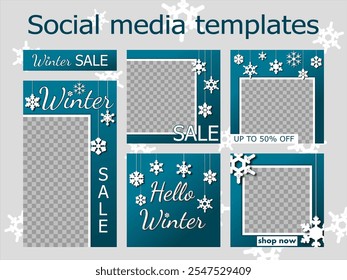 winter sale social media templates design, set of backgrounds for banner, flyer, card on the textured backdrop with snowflakes. contrast vector illustration for poster, frame en white and dark blue.