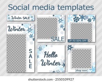 winter sale social media templates design, set of backgrounds for banner, flyer, card on the textured backdrop with snowflakes. contrast vector illustration for poster, frame en white and blue tones.