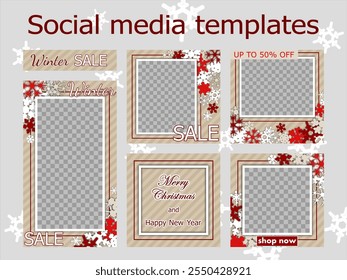 winter sale social media templates design, set of backgrounds for banner, flyer, card on the textured backdrop with snowflakes. bright vector illustration for poster, frame en beige and red tones.