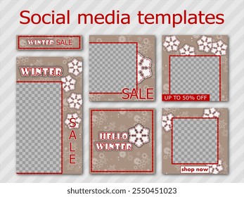 winter sale social media templates design, set of backgrounds for banner, flyer, card on the textured backdrop with snowflakes. bright vector illustration for poster, frame en beige and red tones.