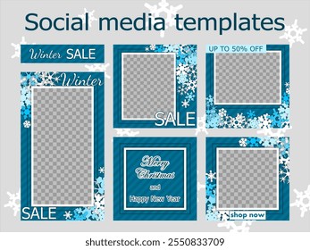 winter sale social media templates design, set of backgrounds for banner, flyer, card on the textured backdrop with snowflakes. contrast vector illustration for poster, frame en white and dark blue.