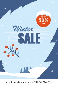 Winter sale social network banner, flyer with winter landscape snowy background, snowflakes, tree and discount. Vector illustration