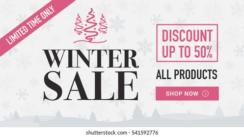 Winter Sale Social Network Banner. Light Background, Snowflakes