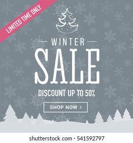 Winter sale social network banner. Grey background, snowflakes. Square