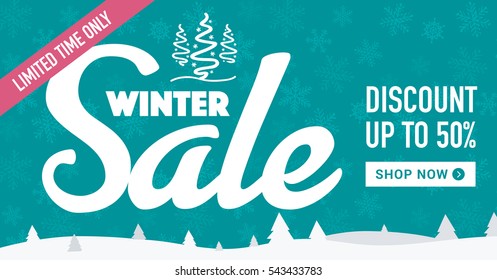 Winter sale social network banner. Sea blue background, white snowflakes