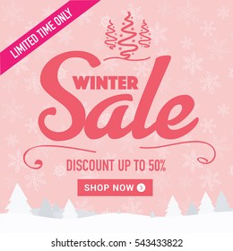 Winter sale social network banner.  Pink background, snowflakes