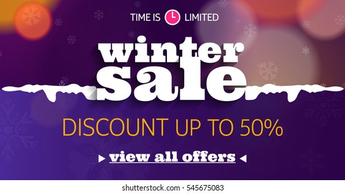 Winter sale social network banner with snow, color background, snowflakes and discount.