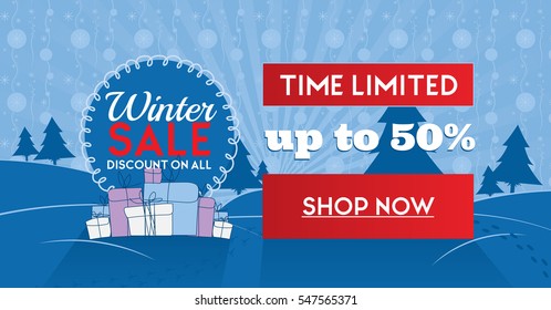 Winter sale social network banner blue with snow background, snowflakes, tree and discount.