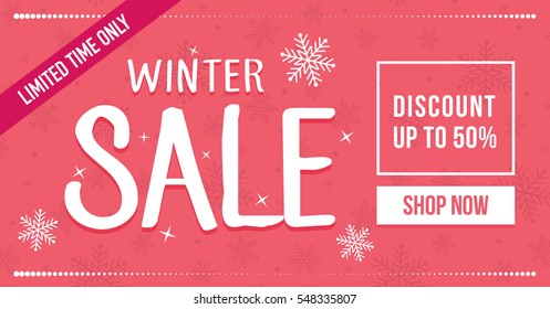 Winter sale social network banner. Red background, snowflakes