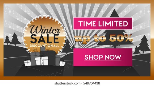 Winter sale social network banner pink, gold and black with snow background, snowflakes, tree and discount.