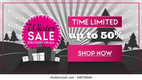 Winter sale social network banner pink and black with snow background, snowflakes, tree and discount.