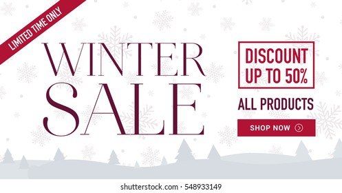 Winter sale social network banner. White background, snowflakes. Horizontal