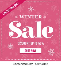 Winter sale social network banner. Pink background, snowflakes. Square
