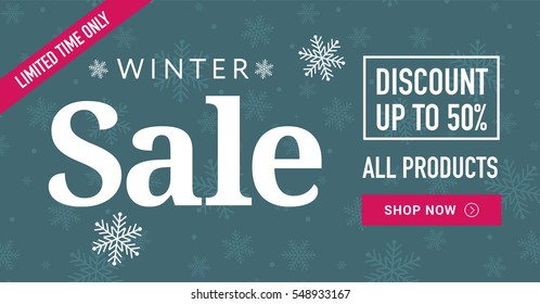 Winter sale social network banner. Dark blue background, snowflakes. Horizontal