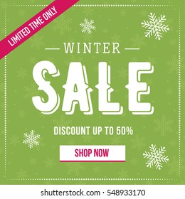 Winter sale social network banner. Green background, snowflakes. Square