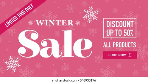 Winter sale social network banner. Pink background, white snowflakes. Horizontal