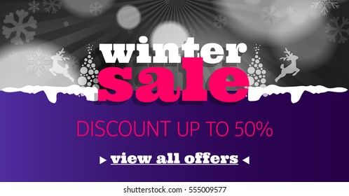 Winter sale social network banner with snow, dark background, snowflakes and discount.