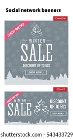 Winter sale social network banners set. Grey background, snowflakes
