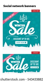 Winter sale social network banners set. Blue background, snowflakes