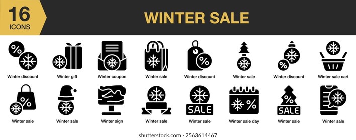 Winter Sale solid icon set. Includes Cold, Discount, Price, Sale, Season, Shop, Winter, and More. Solid icons vector collection.