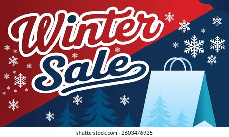 Winter sale special deal banner design with winter background,snowflakes and shopping bag.Winter sale banner with a red and dark blue background
