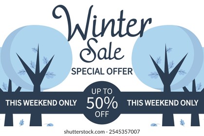 Winter sale special offer background temple snow tree background. 50 off this weekend only. Vector sale banner.