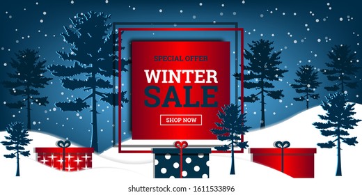 Winter sale, special offer. Discount banner with snow, pine trees and gifts on a blue background in origami style. Vector illustration. Design for paper, brochures, covers, banners etc.