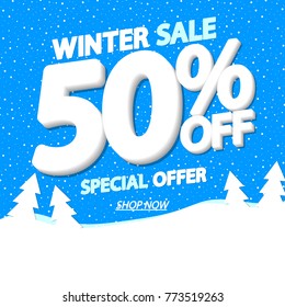 Winter Sale, special offer, discount 50% off, poster design template, vector illustration