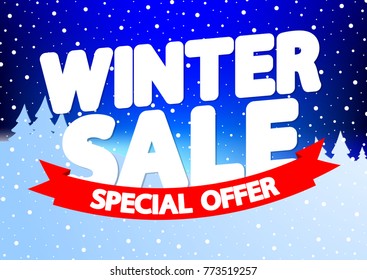 Winter Sale, special offer, poster design template, red ribbon, vector illustration