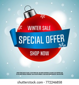 Winter sale. Special offer. Red Christmas ball with blue ribbon.