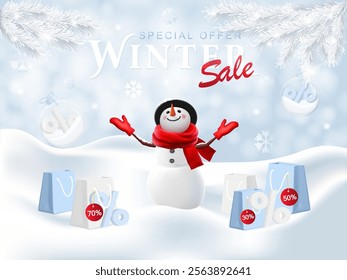 Winter Sale Special Offer. Snowman with red scarf in the center of winter landscape surrounded by shopping bags with many discounts. Banner for winter final sales.Vector, 3d