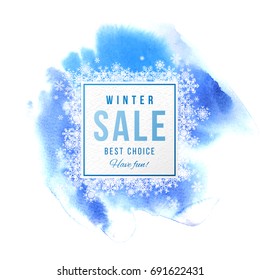 Winter sale square banner with snowflakes over blue watercolor background. Vector illustration