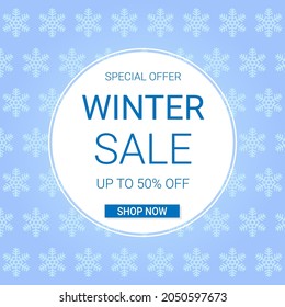 Winter sale square banner template. Discount text on blue background with snowflakes. Vector illustration