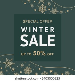 Winter Sale square template. Holiday minimal green vector illustration for banner design, web ads, social media post, greeting card, flyer 