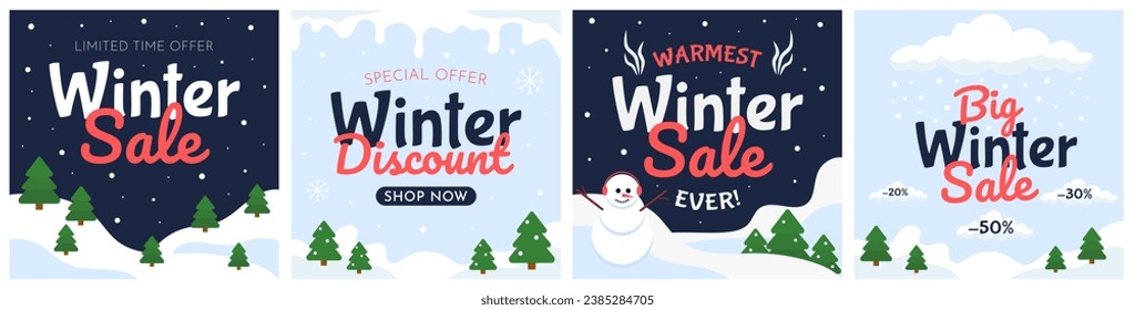 Winter sale square templates. Hand-drawn seasonal templates for social media, posts, cards, invitation with text. Colorful holiday cartoon style vector set.