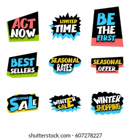 Winter sale sticker rates comic text. Collection sale advertising web label badge. Vector set illustration offer best price discount. Special offer tag colored paper banner print. Seasonal sale, rates