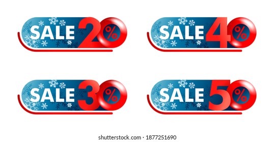 Winter Sale sticker set - 20, 30, 40, 50 percents off red badge with different percentage - isolated promo web button