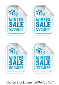 Winter sale stickers set with snowflakes. Winter sale 50%, 55%, 60%, 70% off. Vector illustration