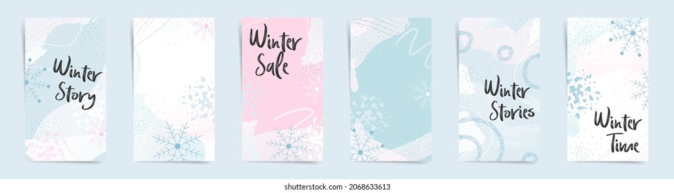 Winter sale stories banners fashion template set. Winter snow design for new stories and promo posts. Winter design with snowflakes, abstract shapes and wavy lines in white, blue, and pink colors set.