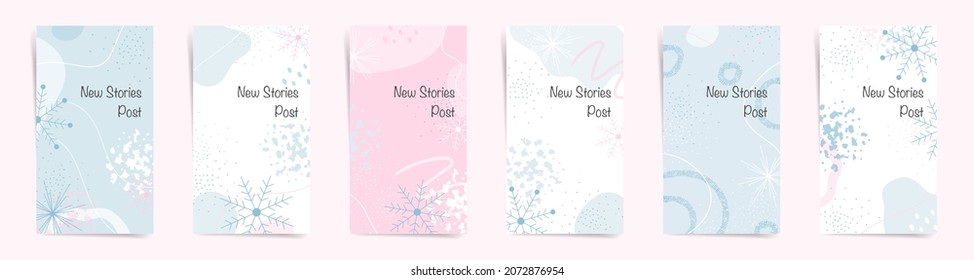 Winter sale stories banners fashion template set. Winter snow design for new stories and promo posts. Winter design with snowflakes, abstract shapes and wavy lines in white, blue, and pink colors set.