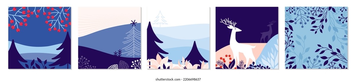 Winterverkauf-Geschichten Banner Modevorlage Set. Winterschneedesign für neue Geschichten und Promo-Beiträge. Winterdesign mit Schneeflocken, abstrakten Formen und gewellten Linien in Weiß, Blau und Rosa