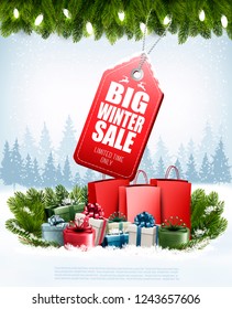 Winter Sale Tag on christmas background with branches of tree and shopping bags. Vector