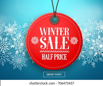 Winter sale tag vector banner. Red sale tag hanging in white winter snow flakes background for seasonal retail promotion. Vector illustration.
