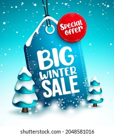 Winter sale tag vector design. Winter big sale special offer text in discount label element in snow background for seasonal shopping promotion advertising. Vector illustration.
