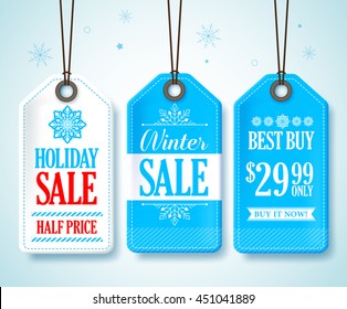 Winter Sale Tags Set for Seasonal Store Promotions Hanging in Snow Background with Blue and White Colors. Vector Illustration.
