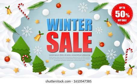 Winter Sale. Winter Sale template for advertising card, poster, banner. Christmas trees, canes, discount badge, bells, snowballs, golden stars and glossy sale message. Vector illustration.