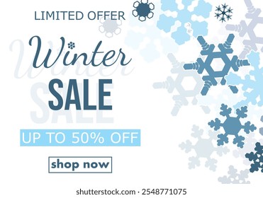 winter sale, template discount banner design on the background many different snowflakes. modern vector illustration flyer, poster to promote purchases in the winter season en white and blue tones