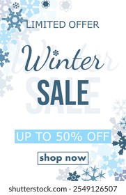 winter sale, template discount banner design on the background many different snowflakes. modern vector illustration flyer, poster to promote purchases in the winter season en white and blue tones