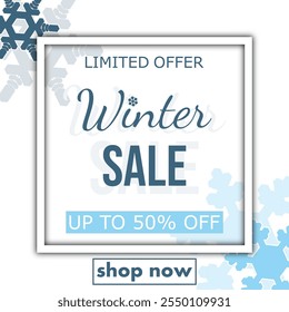 winter sale, template discount banner design on the background many different snowflakes. modern vector illustration flyer, poster to promote purchases in the winter season en white and blue tones